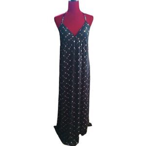 COOGI Maxi Dress Halter Top Size L Black and Gold Print